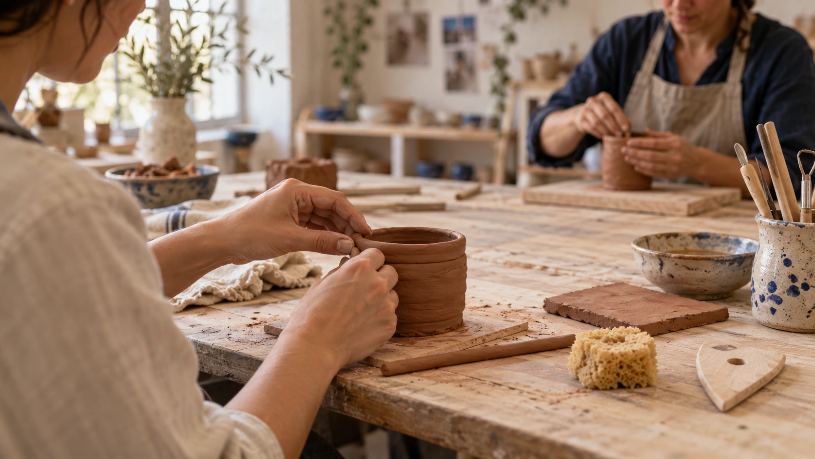 Una alumna une rollos de arcilla para construir un recipiente en la mesa del taller