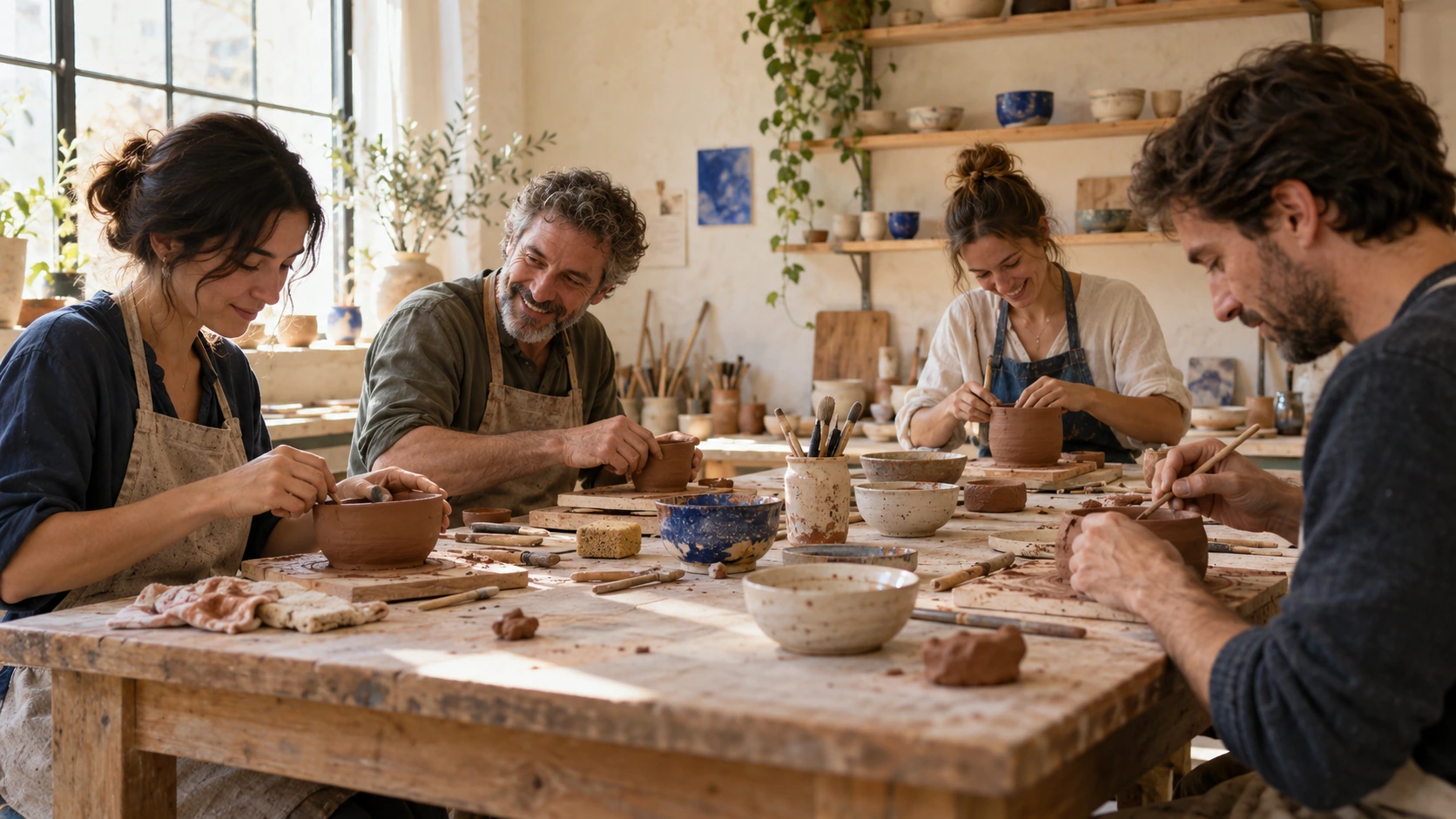 Cuatro personas adultas trabajan en sus propias piezas alrededor de una mesa
