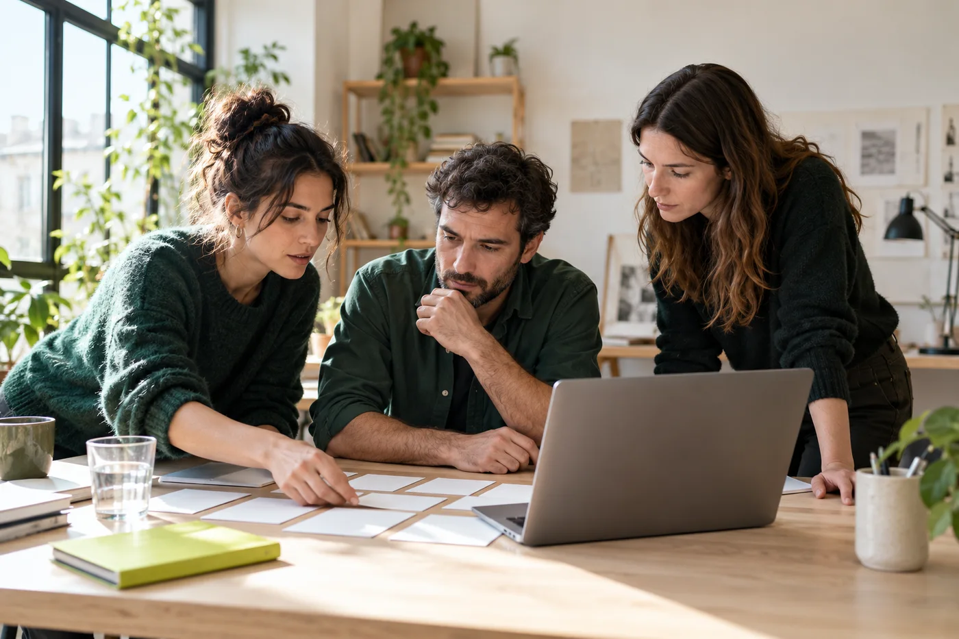 Tres personas organizan tarjetas de trabajo junto a un portátil en un estudio luminoso