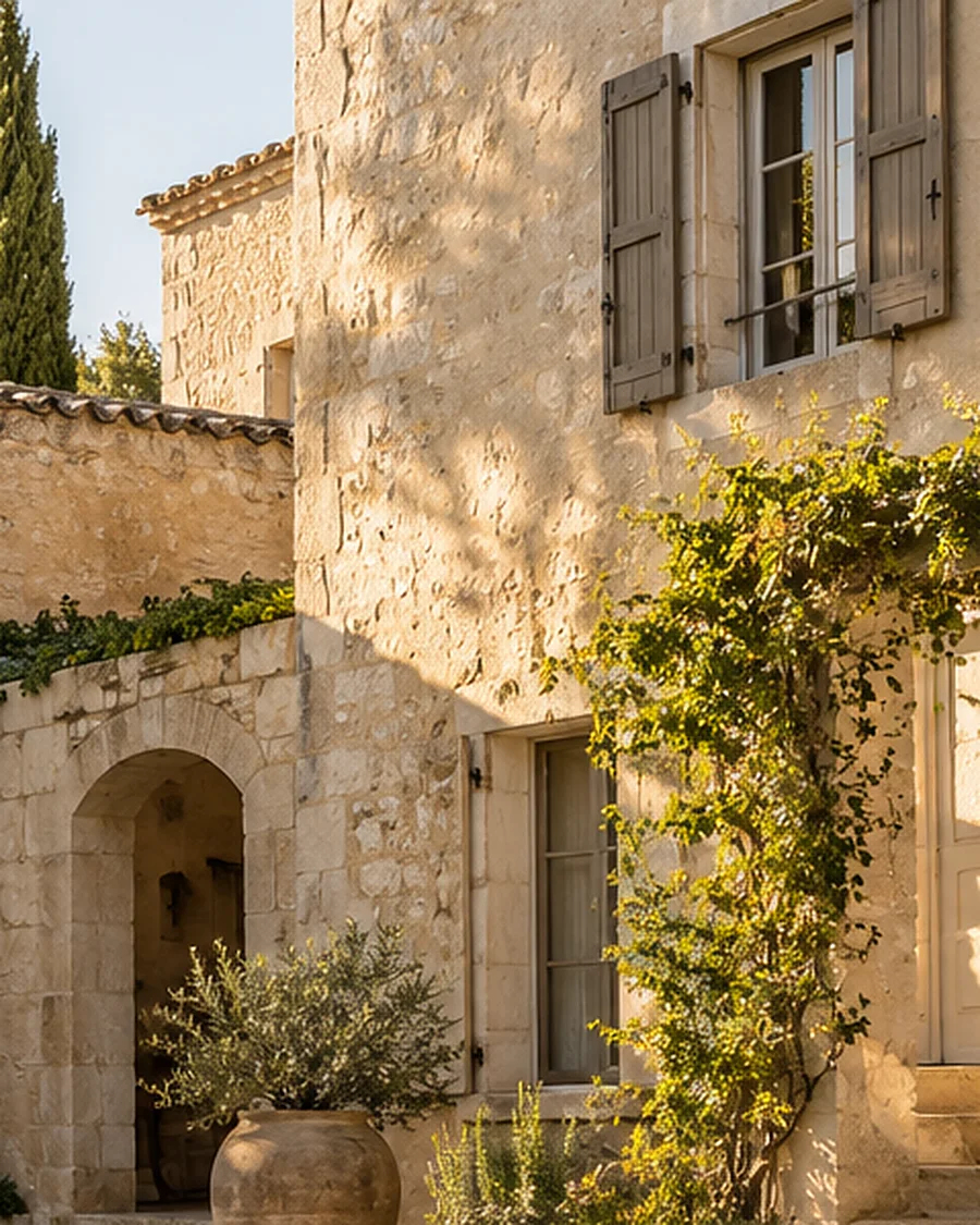Fachada de piedra con arco y ventanas con contraventanas de madera entre vegetación