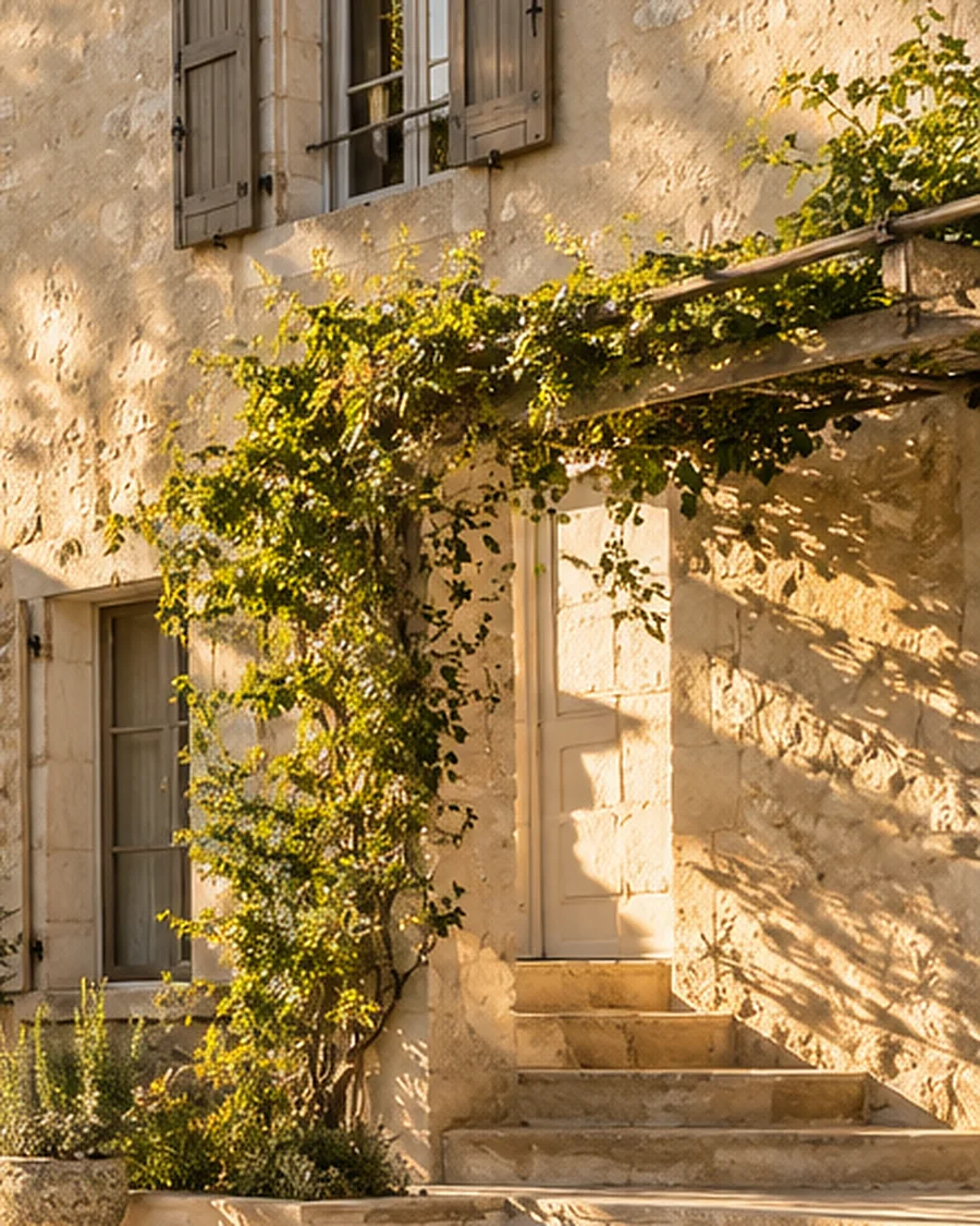 Pérgola cubierta de enredadera junto a una escalera de piedra y un muro de piedra cálida