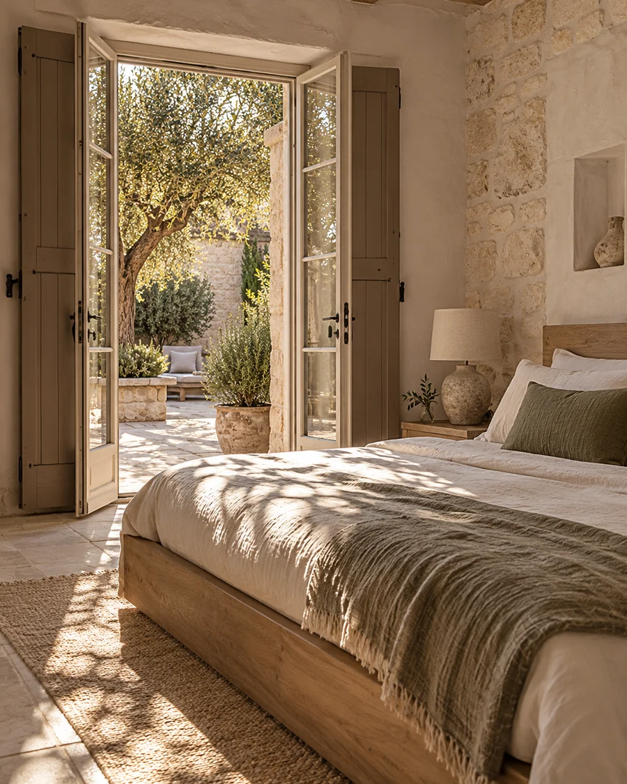 Dormitorio conceptual de Patio con cama de lino y puertas francesas abiertas hacia un olivo