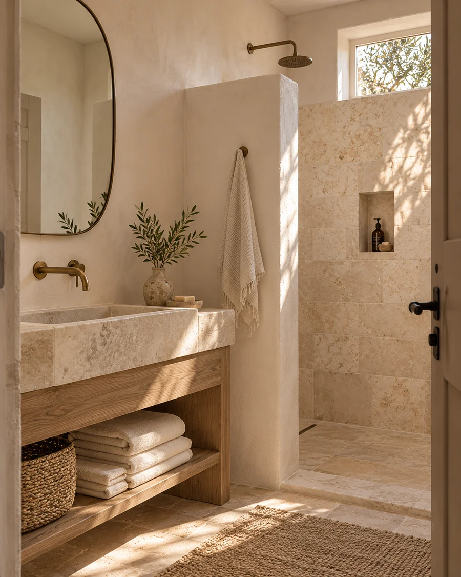 Baño conceptual de Patio con acabado de tadelakt marfil y materiales naturales