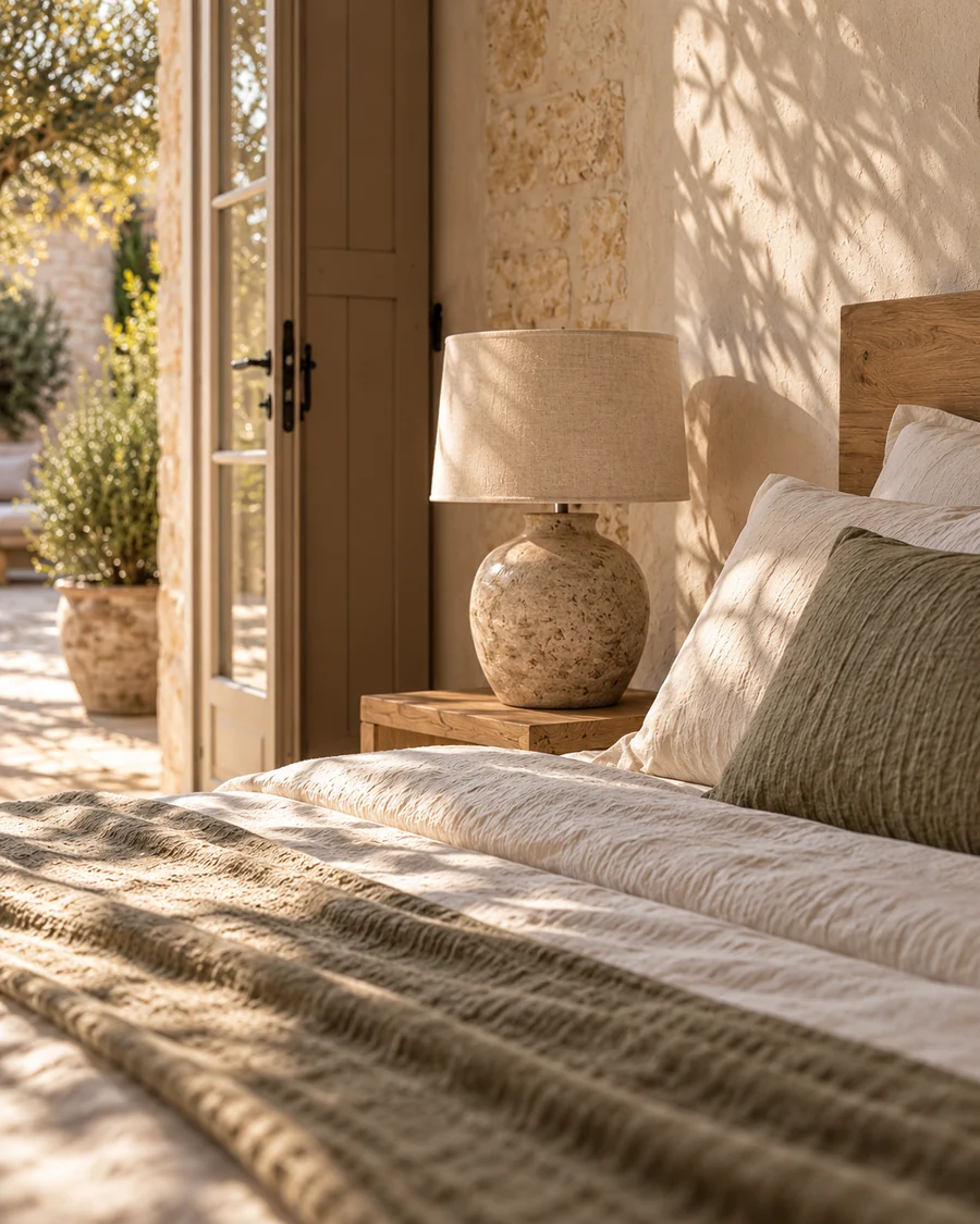 Detalle conceptual de la cama de lino y la mesilla del dormitorio de Patio