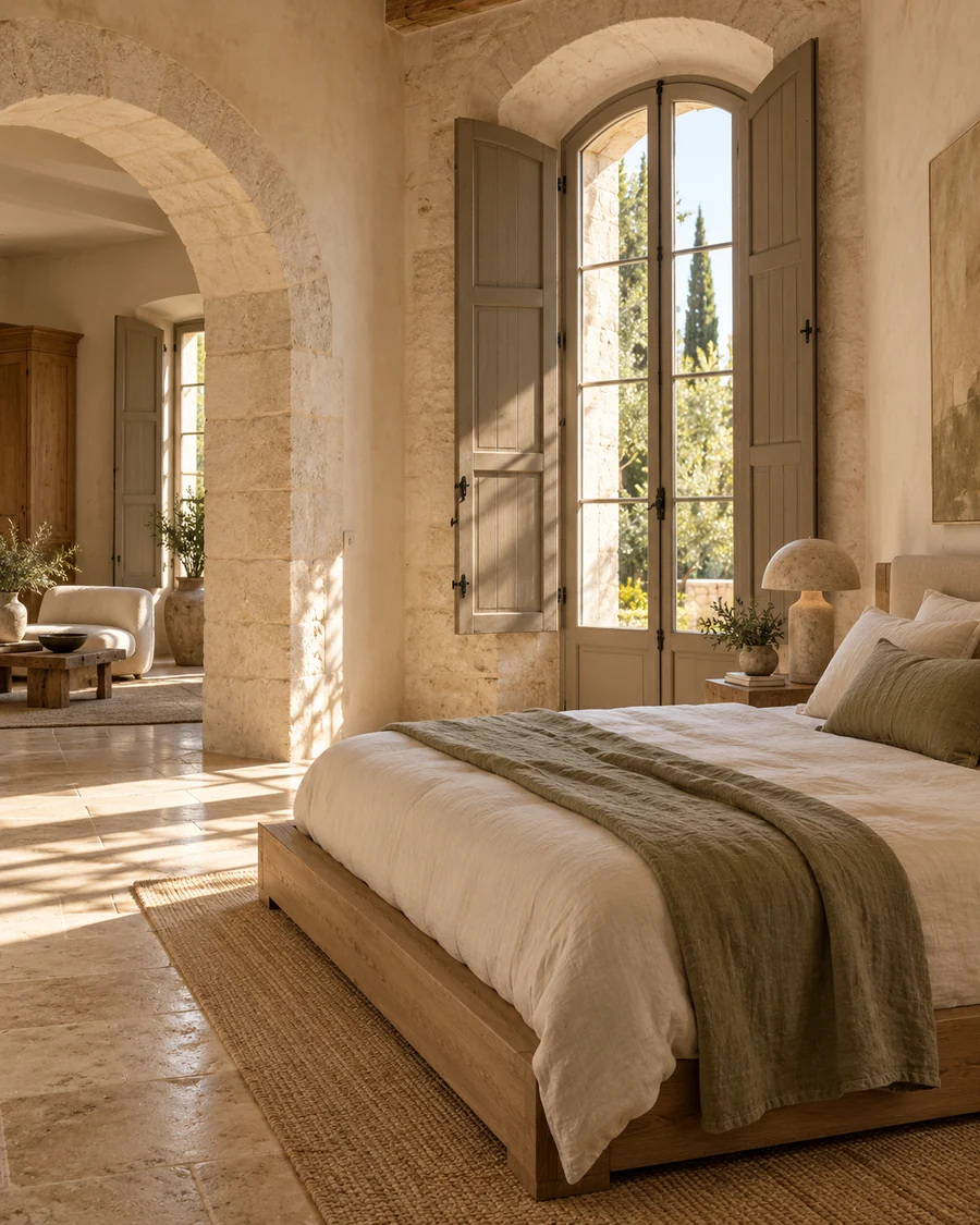 Dormitorio conceptual de Suite Loma con cama doble, ventanas en arco y contraventanas de madera