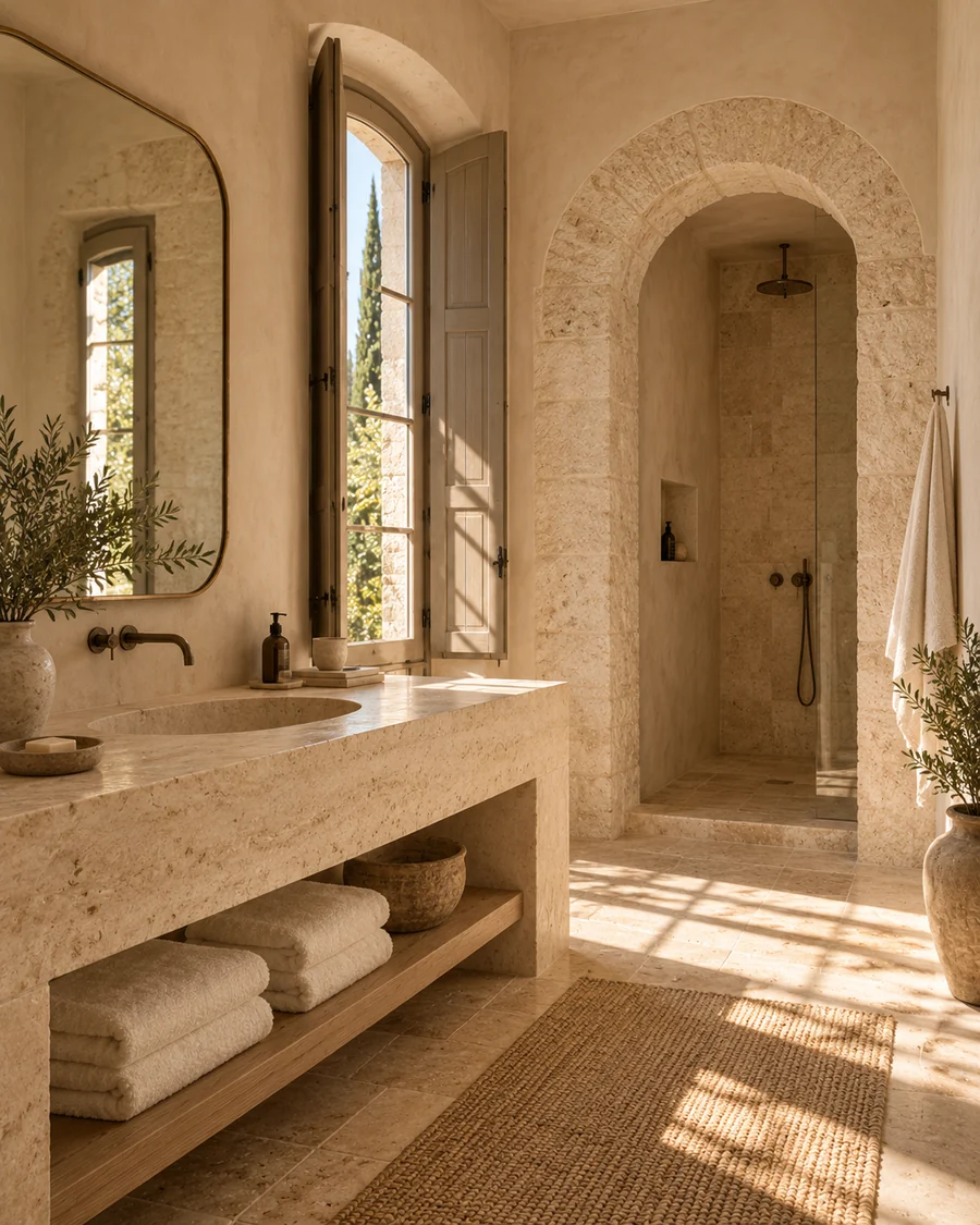 Baño conceptual de Suite Loma con piedra y una hornacina en arco