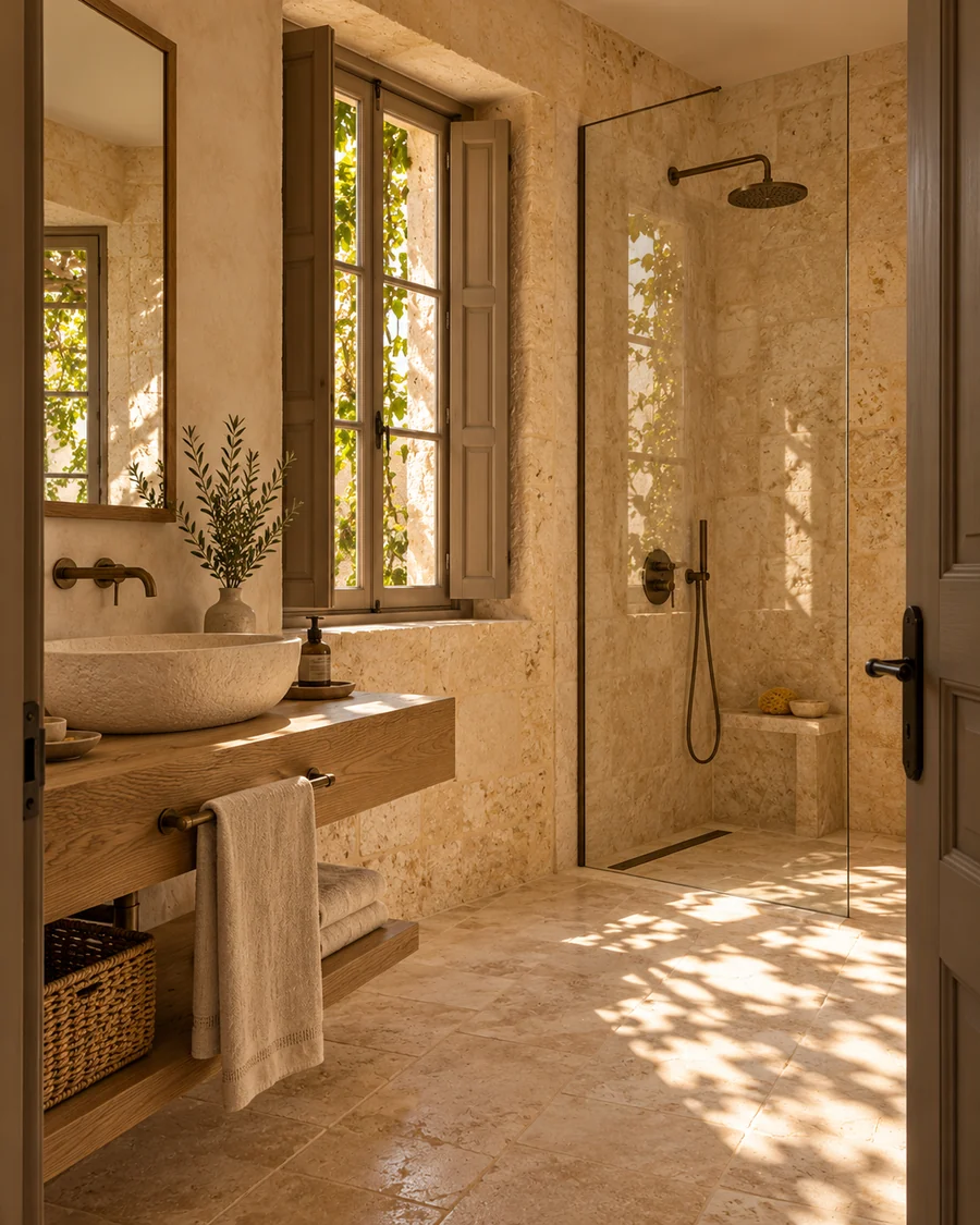 Baño conceptual de Terraza con piedra cálida y luz natural