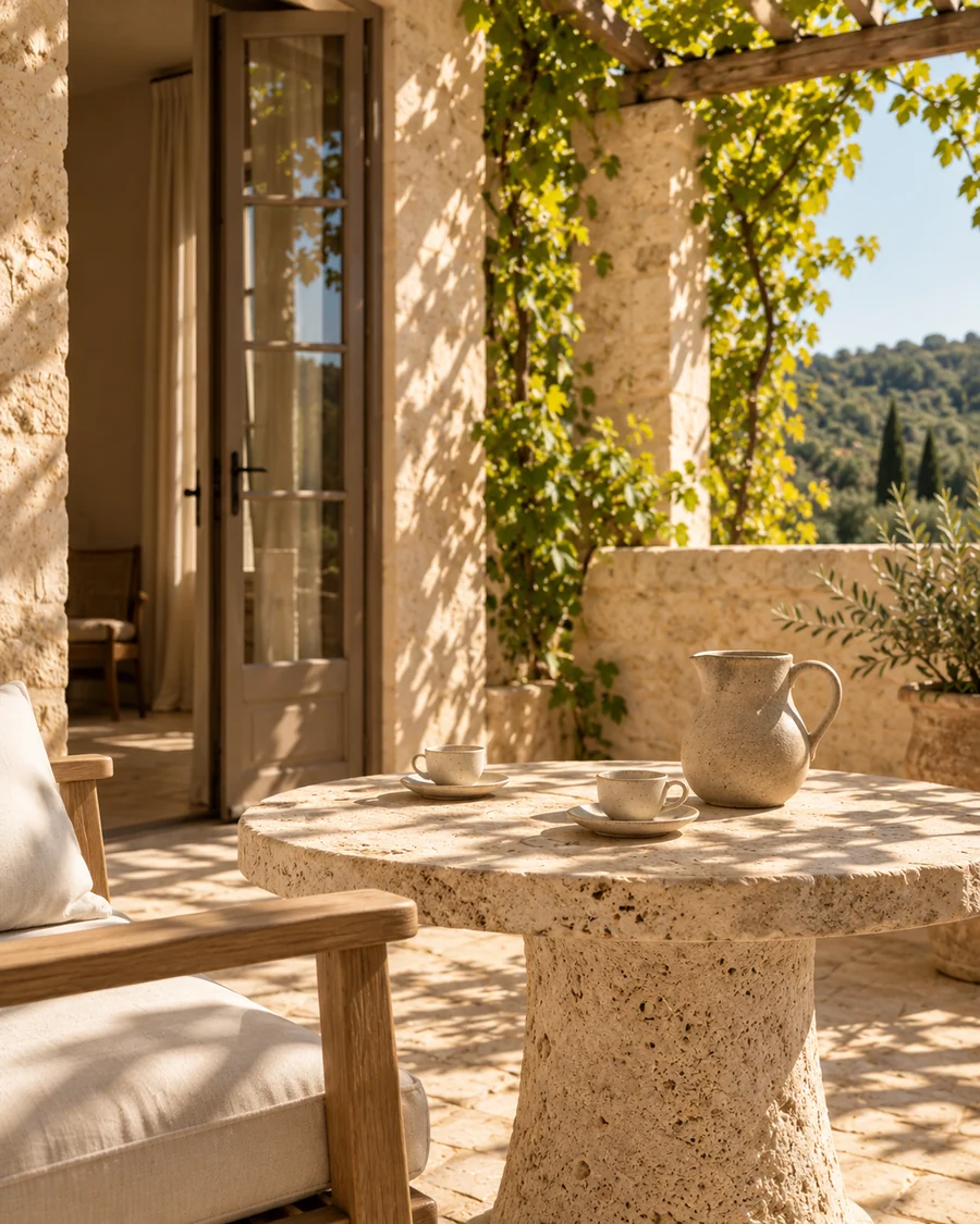 Detalle conceptual de café sobre una mesa de la terraza entre piedra y enredadera