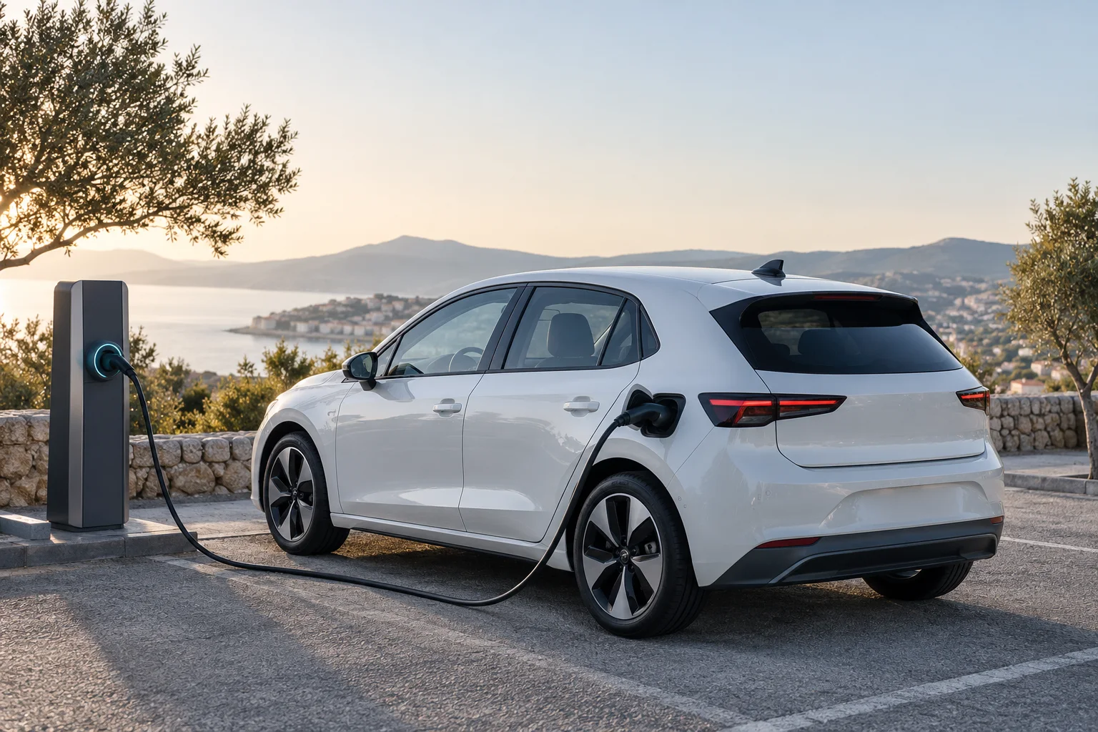 Vehículo eléctrico conceptual aparcado y conectado a un cargador frente a un paisaje mediterráneo