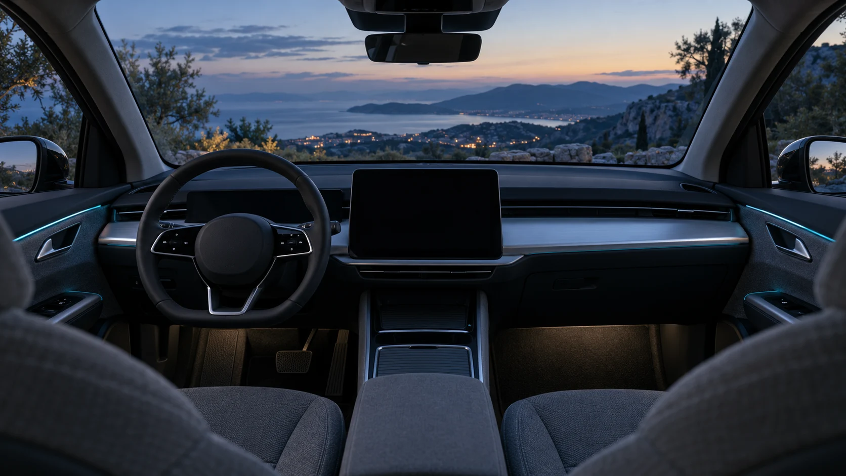 Interior conceptual de un vehículo eléctrico aparcado