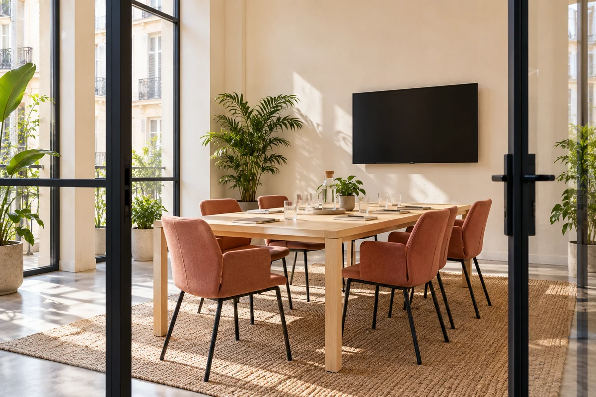 Sala Luz con mesa de madera y sillas coral