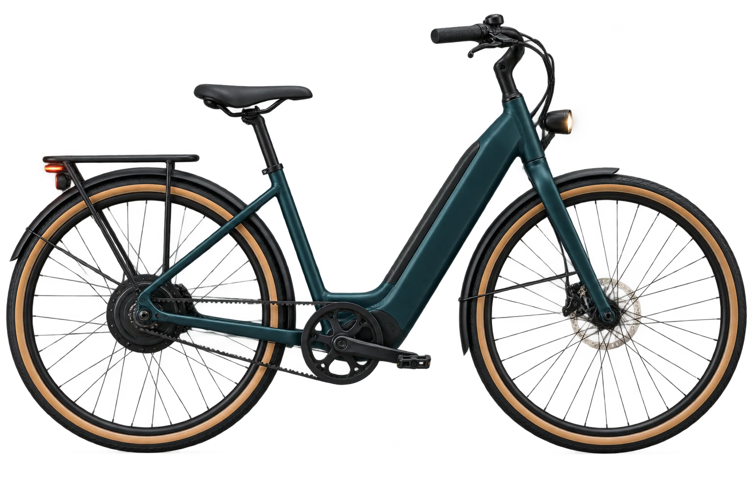 Bicicleta VOLTA City de perfil en color petróleo